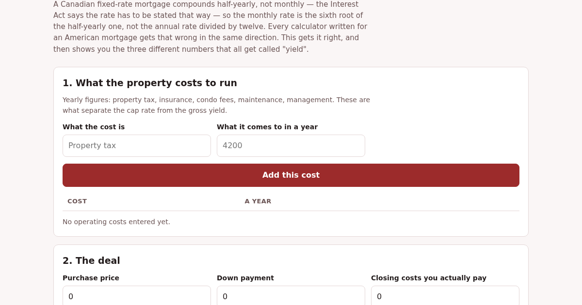 Canada Rental: Half-Yearly Compounding and Three Different Yields